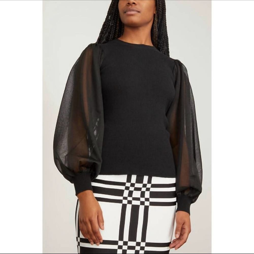Ulla Johnson Sabrina Sweater Black Ribbed Knit Sheer Balloon Sleeve Knit Top S